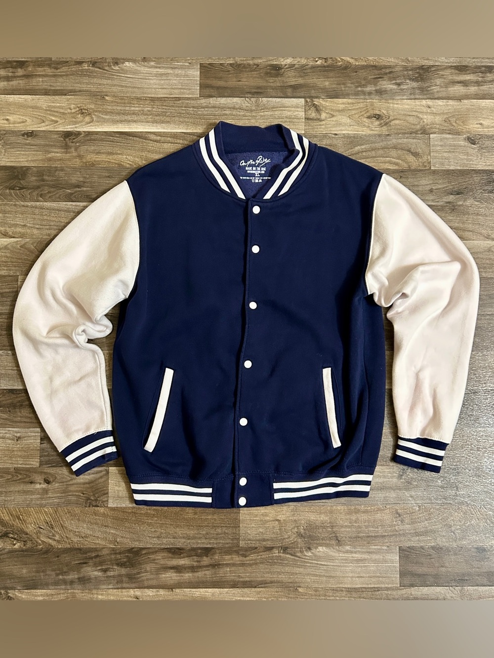 On The Rise Malibu Varsity Jacket XL Navy White Cotton Blend